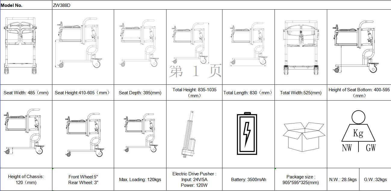 ZW388D Electric Lift Transfer Chair