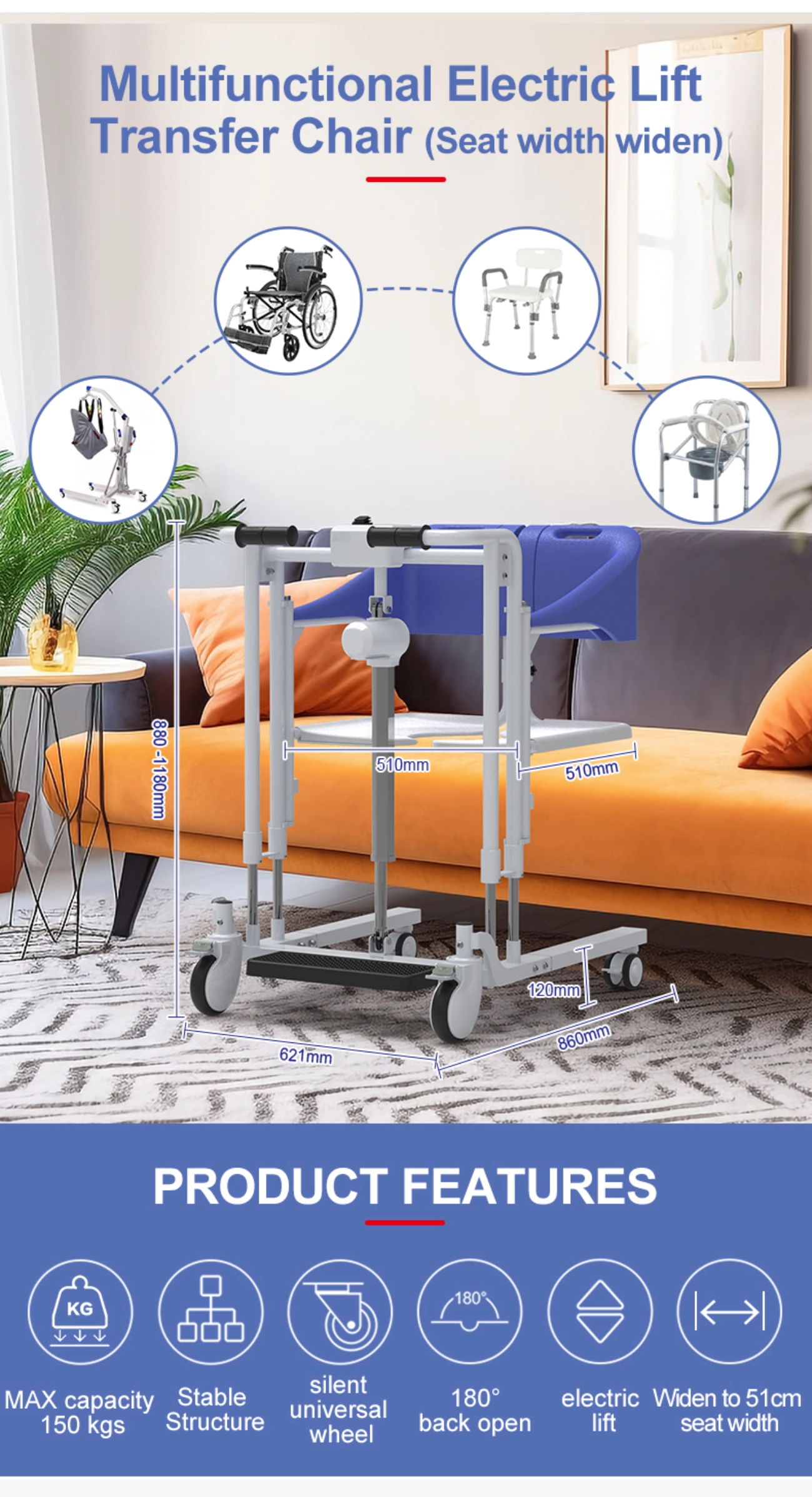 Multifunctional Heavy Duty Patient Lift Transfer Machine Electric Lift Chair Zuowei ZW365D Structures