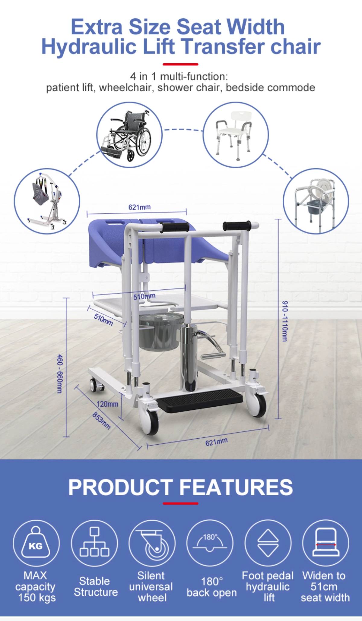 Multifunctional Heavy Duty Patient Lift Transfer Machine Hydraulic Lift Chair Zuowei ZW302-2